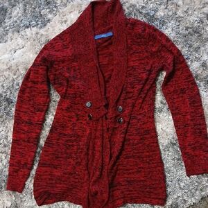 Red Cardigan Sweater with Shawl Collar and Tie Waist